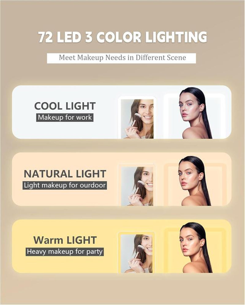 Rechargeable Travel Makeup Mirror with 72 LED Lights – Touch Screen, 3 Color Modes, Compact & Portable - Perfect Valentine Gift